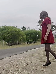 Crossdress road trip red dress